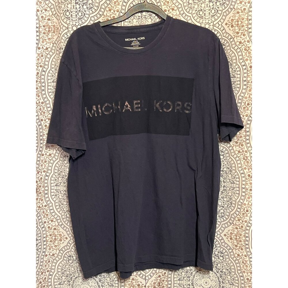 Michael Kors Mens Navy Blue Signature Logo Graphic T Shirt Xl